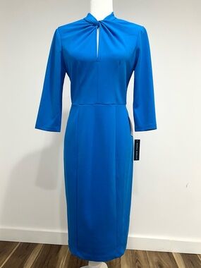 Donna Morgan Blue Midi Dress Size 4 NWT Keyholr Neck Sheath Elegant